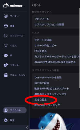 高度な設定の位置